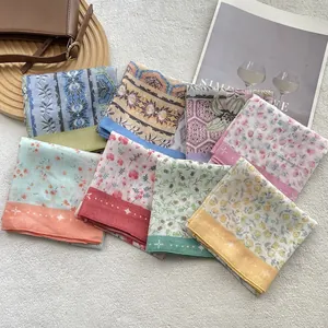 Women Retro Floral Printed Cotton Square Scarf Sweet Pastoral Lightweight Breathable Neck Kerchief Sun Protection Headscarf