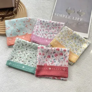 Five-pack set of floral cotton linen square scarves in assorted pastel colors for women