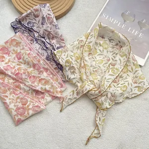 Breathable floral linen-cotton triangle head scarves in purple, pink, and yellow hues