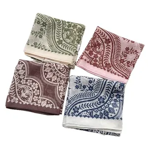Set of retro paisley floral square scarves in green pink brown and navy blue colors