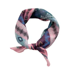 Ethnic style silk scarf featuring colorful geometric patterns and lightweight satin texture