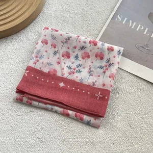 Floral cotton linen square scarf with pink blossoms and elegant red star border trim