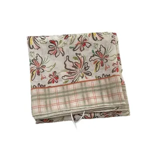 Linen cotton square scarf with vintage floral and plaid patterns in orange and green