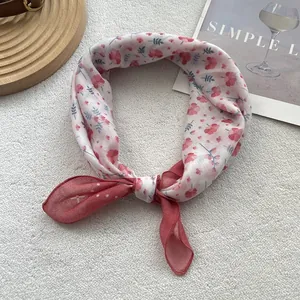 Floral cotton linen square scarf with pink flowers and dark red border on white background