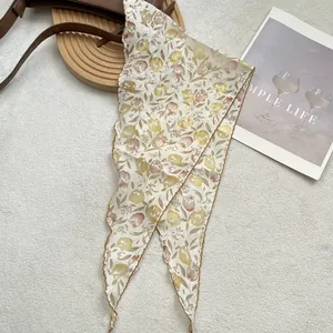 Floral cotton linen headscarf with tulip pattern and scalloped gold embroidery edges