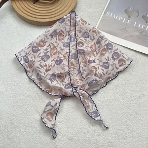 Floral cotton linen headscarf with purple tulip prints and wavy stitched edge