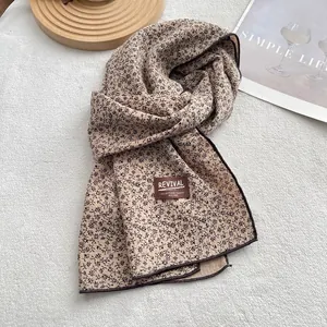 Vintage cotton long scarf with black floral print and double-sided shawl design for women