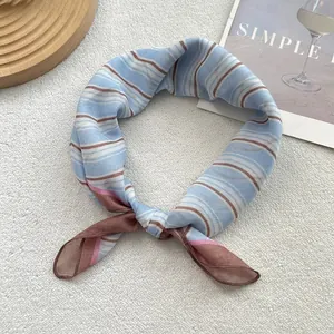 Retro striped cotton square scarf in sky blue and brown on a soft white background