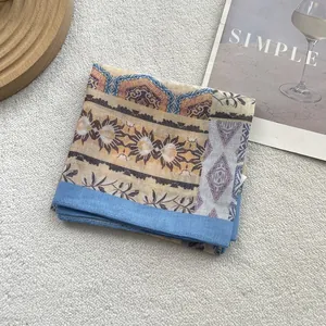 Ethnic bohemian style cotton linen square scarf with floral pattern and vintage motifs