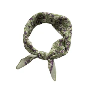 Retro linen-cotton neck scarf with fireworks floral pattern in soft green and purple
