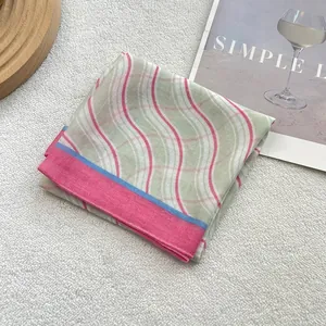 Retro wave print cotton scarf with pink and mint green stripes for women hair band accessory