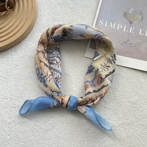 Floral print cotton linen neck scarf with vintage blue and lilac botanical patterns