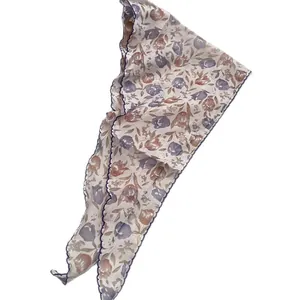 Breathable cotton linen triangle scarf with purple rose floral pattern for women