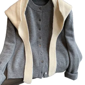 Winter knitted balaclava hooded scarf set with dark grey cardigan and beige wool shawl