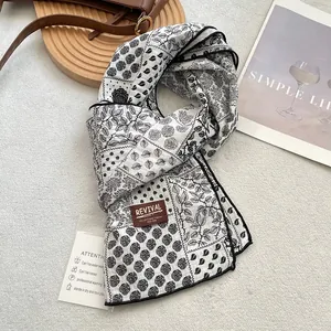 Retro black and white print cotton scarf with floral patterns for autumn and spring styling