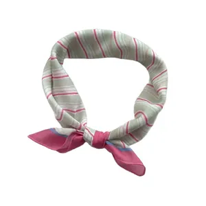 Retro striped cotton neck scarf with fresh green and pink tones on white background