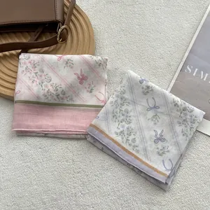 Lot de foulards carrés à fleurs et nœuds en coton et lin doux, coloris rose et violet