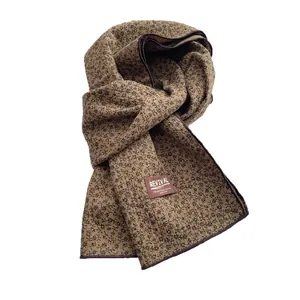 Vintage brown cotton long scarf with black floral print and Revival textile label
