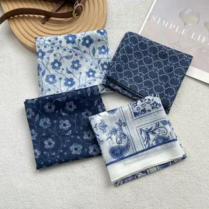Elegant blue and white floral cotton silk scarf set for women with four versatile patterns