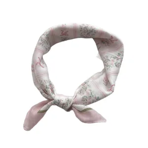 Foulard fleuri rose en coton et lin pour femme, écharpe douce avec motifs de nœuds