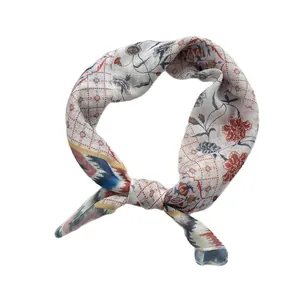 Vintage floral and plaid cotton linen square scarf in red and blue for women