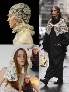 Detailed embroidery and hollow out lace patterns on French retro style scarves