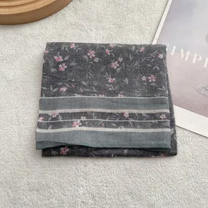 Retro grey cotton linen square bandana with pink floral pattern and striped border