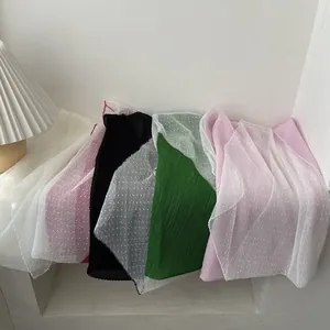 Long pleated gradient silk scarf with polka dot mesh texture in five vibrant colors