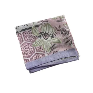Floral cotton linen square scarf with pink honeycomb pattern and green flower prints