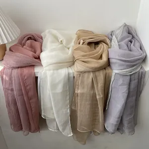 Long pleated lightweight chiffon scarf for women in four assorted pastel colors