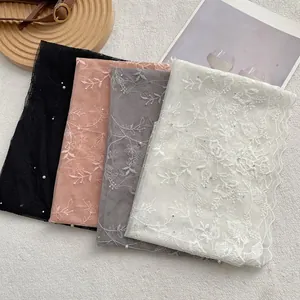 Elegant lace scarf for women featuring floral embroidery and delicate pearls in four colors