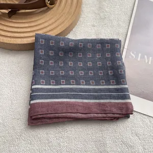 Retro geometric pattern square scarf in blue-grey with red-brown checkered design