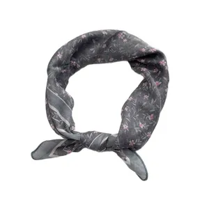 Retro floral cotton linen bandana in dark grey with pink flower print, knotted style