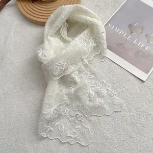 Elegant white lace scarf with floral embroidery and pearl accents for women
