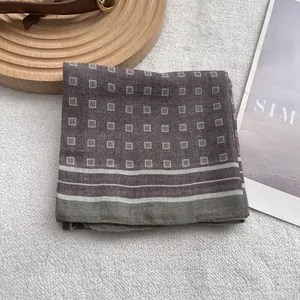 Green vintage geometric square scarf for women featuring grey check patterns and stripes
