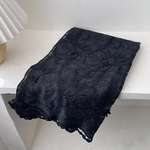 Elegant black floral embroidery lace scarf with delicate hollowed-out scalloped edges
