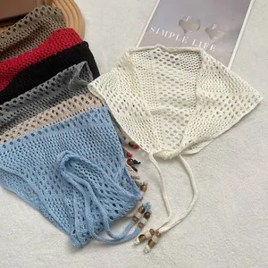 French Retro Crochet Triangle Headscarf For Women Hollow Knit Bandana Beads Bohemian Style Cotton Hair Scarf Accessory