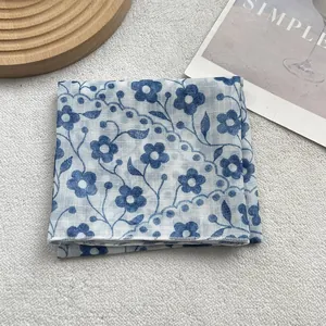 Detail of blue and white floral silk scarf showing fine machine stitching on fabric edge