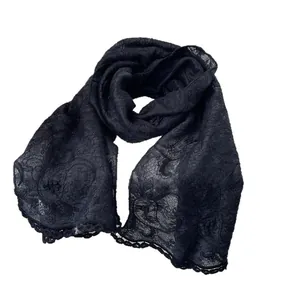 Elegant black floral lace scarf with delicate scallop edges and transparent mesh design