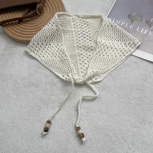 French retro white crochet hollow headscarf with beads for seaside vacation style