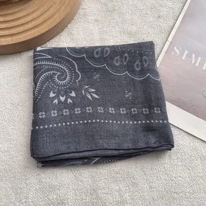 Dark grey paisley cotton linen square scarf with vintage pattern and soft texture