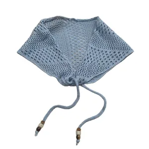 French retro hollow knit triangle headscarf in light blue with beaded drawstring
