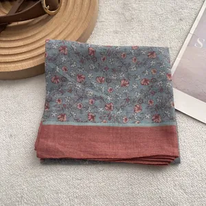 Vintage floral square silk scarf in elegant grey-blue with pink flower pattern print