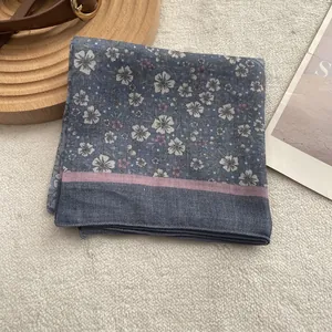 Vintage navy blue floral square scarf with pink stripes on white plush background