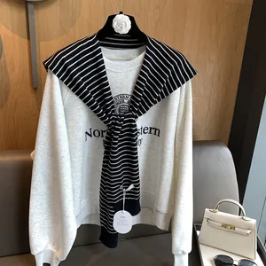 Women's Preppy Crewneck Sweatshirt With Striped Knit Shawl Long Sleeve Letter Print Pullover Autumn Winter Fashion Top