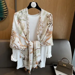Women Ocean Coral Starfish Print Scarf With Tassels Lightweight Sunshade Beach Shawl Wrap For Summer Travel Vacation Accessories