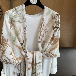Cotton linen sea coral print scarf and beach shawl for summer sun protection