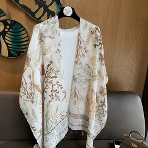 Lightweight white linen scarf with beige and sea coral patterns for summer beach vacation