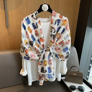Lightweight white cotton linen scarf featuring colorful cartoon cat prints for women