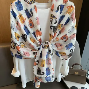 Lightweight cotton linen scarf with cute cartoon cat prints for women's autumn winter fashion